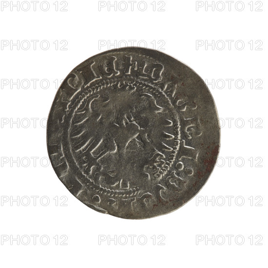 Lithuanian half-grosz, Sigismund I the Old (King of Poland; 1506–1548). Obverse: Pogon (Lithuanian coat of arms) turned left; in the rim between pearl borders an inscription: + MONETA, IGI, DI:1514:. Reverse: Polish crowned eagle; in the rim between pearl borders an inscription: + MAGNI:DV, LIT, ANIE, 1514. Polish coin of the Jagiellon dynasty; Grand Duchy of Lithuania; Vilnius; 1514.