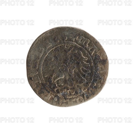 Lithuanian half-grosz, Sigismund I the Old (King of Poland; 1506–1548). Silver coin (half-grosz), 1514. Obverse: Pogon (Lithuanian coat of arms) turned left; inscription in rim between pearly borders: ONETA:SIGISM. Reverse: Polish crowned eagle; inscription in rim between pearly borders: + MA:DVCIS:L,T,NI,1514. Associated with the Grand Duchy of Lithuania (Vilnius) and Poland; Jagiellon dynasty; coats of arms, eagles.