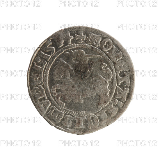 Lithuanian half-grosz, Sigismund I the Old (King of Poland; 1506–1548). Obverse: Pogon (Coat of arms of Lithuania) facing left; in the rim between pearl borders an inscription: + MO, ETA:SIGISMVNDI:1514. Reverse: Polish crowned eagle; in the rim between pearl borders an inscription: + MAGNI:DVCIS:LITVANIE:. Dated 1514. Coin of the Grand Duchy of Lithuania (Poland), Jagiellon dynasty. Materials: Polish coin.