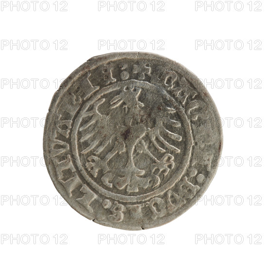 Lithuanian half-grosz, Sigismund I the Old (King of Poland; 1506–1548), 1514. Obverse: Pogon (Lithuanian coat of arms) turned left; in the rim between pearl borders an inscription: +MO, ETA:SIGISMVNDI:1514. Reverse: Polish crowned eagle; in the rim between pearl borders an inscription: +MAGNI:DVCIS:LITVANIE:. Polish coin, Grand Duchy of Lithuania (Vilnius).