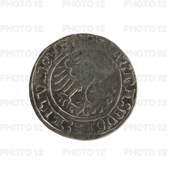 Lithuanian half-grosz, Sigismund I the Old (King of Poland; 1506–1548). Obverse: Pogon (Lithuanian coat of arms) turned left; in rim between pearl-shaped borders an inscription: COIN:SIG:MVNDI:151. Reverse: Polish crowned eagle; in rim between pearl-shaped borders an inscription: AGNI:DVCIS:LITVANIE. Dated 1514. Grand Duchy of Lithuania (Vilnius). Polish–Lithuanian coin.