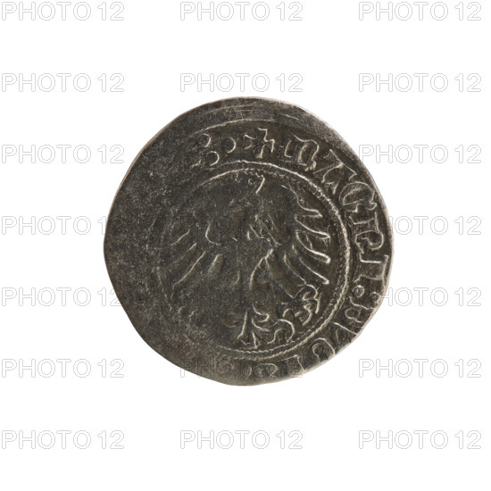 Lithuanian half-grosz, Sigismund I the Old (King of Poland; 1506–1548). Obverse: Pogon (Lithuanian coat of arms) turned left; in the rim between pearly borders an inscription: + IGISMVNDI:1514. Reverse: crowned Polish Eagle; in the rim between pearly borders an inscription: + MAGNI:DV. Date: 1514. Materials/function: coin. Associated polity: Grand Duchy of Lithuania / Poland (Jagiellon dynasty).