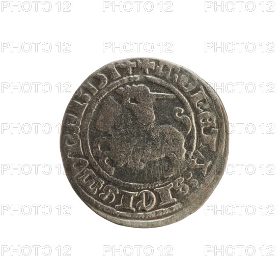 Lithuanian half-grosz, Sigismund I the Old (King of Poland; 1506–1548). Obverse: Pogon (Lithuanian coat of arms) turned left; in rim between pearl borders an inscription: + COIN:SIGISMVNDI:1514. Reverse: Polish eagle with crown; in rim between pearl borders an inscription: + MAGNI:DVCI, LITVANIE:, 1514. Polish coin of the Jagiellon dynasty; Grand Duchy of Lithuania; Vilnius.