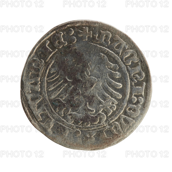 Lithuanian half-grosz, Sigismund I the Old (King of Poland; 1506–1548). Obverse: Pogon (Lithuanian coat of arms) turned left; in the rim between pearl borders an inscription: + COIN:SIGISMVNDI:1514. Reverse: Polish crowned eagle; in the rim between pearl borders an inscription: + MAGNI:DVCI, LITVANIE:, 1514. Grand Duchy of Lithuania; Vilnius. Polish–Lithuanian coin; Jagiellon dynasty; coats of arms.