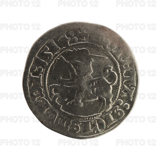 Lithuanian half-grosz, Sigismund I the Old (King of Poland; 1506–1548). Obverse: Pogon (Lithuanian coat of arms) turned left; in the rim between pearl borders an inscription: +ONETA:SIGISMV:DI:1514:. Reverse: crowned Polish Eagle; in the rim between pearly borders an inscription: +MAGNI:DVCIS:LITVANIE:. Dated 1514. Coin of the Grand Duchy of Lithuania (Vilnius, Poland), Jagiellon dynasty; motif: eagles, coats of arms. Materials/typical function: Polish coin (half-grosz).