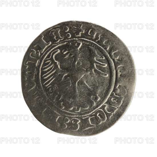 Lithuanian half-grosz, Sigismund I the Old (King of Poland; r. 1506–1548). Obverse: Pogon (mounted knight) facing left; rim inscription between pearl borders: +ONETA:SIGISMV:DI:1514:. Reverse: crowned Polish eagle; rim inscription between pearl borders: +MAGNI:DVCIS:LITVANIE:. Dated 1514. Grand Duchy of Lithuania; coin.