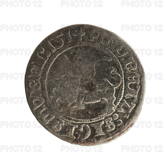 Lithuanian half-grosz, Sigismund I the Old (King of Poland; 1506–1548). Obverse: Pogon (coat of arms of Lithuania) turned left; in the rim between pearl borders an inscription: +, ONETA:SIGISMVNDI:1514. Reverse: Polish crowned eagle; in the rim between pearl borders an inscription: + MAGNI:DV:LITVAN:1514. Polish coin of 1514, Grand Duchy of Lithuania, Vilnius.