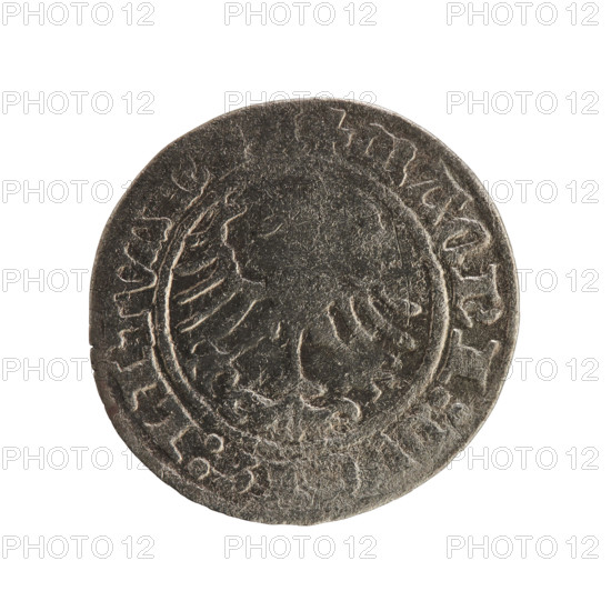 Lithuanian half-grosz, Sigismund I the Old (King of Poland; 1506–1548). Obverse: Pogon (Lithuanian coat of arms) turned left; in the rim between pearl borders an inscription: + ONETA:SIGISMVNDI:1514. Reverse: Polish crowned eagle; in the rim between pearl borders an inscription: + MAGNI:DV:LITVAN:1514. Polish coin of the Jagiellon dynasty; Grand Duchy of Lithuania, Vilnius, 1514.
