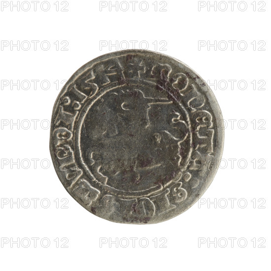 Lithuanian half-grosz, Sigismund I the Old (King of Poland; 1506–1548). Obverse: Pogon (Lithuanian coat of arms) turned left; in the rim between pearl borders an inscription: + COIN:SIGISMVNDI:1514. Reverse: Polish crowned eagle; in the rim between pearl borders an inscription: + MAGNI:DVCIS:LITVA, E:, 1514. Polish coin of the Grand Duchy of Lithuania (Vilnius).