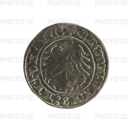 Lithuanian half-grosz, Sigismund I the Old (King of Poland; 1506–1548). Obverse: Pogon (Lithuanian coat of arms) turned left; in the rim between pearl borders an inscription: + COIN:SIGISMVNDI:1514. Reverse: Polish crowned eagle; in the rim between pearl borders an inscription: + MAGNI:DVCIS:LITVA, E:, 1514. Polish coin of the Jagiellon dynasty; Grand Duchy of Lithuania; Vilnius; coin.