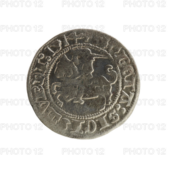 Lithuanian half-grosz, Sigismund I the Old (King of Poland; 1506–1548). Obverse: Pogon (Lithuanian coat of arms) turned left; in rim between pearl borders an inscription: NETA:SIGISMVNDI:1514. Reverse: Polish crowned eagle; in rim between pearl borders an inscription: + MAGNI:, IS:LITVANI, 1514. Polish coin of the Jagiellon dynasty; Grand Duchy of Lithuania, Vilnius.