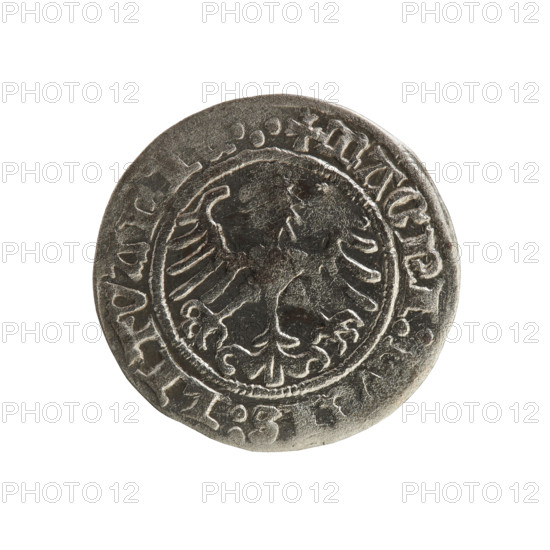 Lithuanian half-grosz, Sigismund I the Old (King of Poland; 1506–1548). Obverse: Pogon (mounted knight) turned left; in the rim between pearl borders an inscription: NETA:SIGISMVNDI:1514. Reverse: Polish crowned eagle; in the rim between pearl borders an inscription: + MAGNI:, IS:LITVANI, 1514. Polish coin of the Jagiellon dynasty; coats of arms (eagle, Pogon); Grand Duchy of Lithuania; Vilnius.