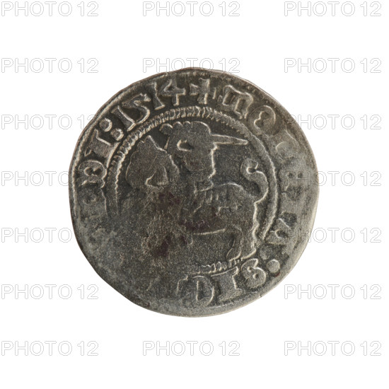 Lithuanian half-grosz, Sigismund I the Old (King of Poland; 1506–1548). Obverse: Pogon (Lithuanian coat of arms) turned left; in the rim between pearly borders an inscription: + MONETA:SIG, VNDI:1514. Reverse: Polish crowned eagle; in the rim between pearly borders an inscription: GNI:DVCIS:LITVANI, 1514. Polish coin, Jagiellon dynasty; Grand Duchy of Lithuania; Vilnius.