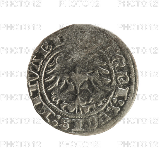 Lithuanian half-grosz, Sigismund I the Old (King of Poland; 1506–1548). Obverse: Pogon (Lithuanian coat of arms) turned left; rim between pearly borders with inscription '+ MONETA:SIG, VNDI:1514'. Reverse: crowned Polish eagle; rim between pearly borders with inscription 'GNI:DVCIS:LITVANI, 1514'. Polish coins; Jagiellon dynasty; Grand Duchy of Lithuania; Vilnius; coin.
