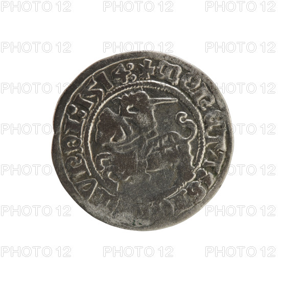Lithuanian half-grosz, Sigismund I the Old (King of Poland; 1506–1548). Obverse: Pogon (Lithuanian coat of arms) turned left; in the rim between pearl borders an inscription: + COIN:SIG, MVNDI:1514:. Reverse: crowned Polish Eagle; in the rim between pearl borders an inscription: + MAGNI, IS:LITVANIE:, 1514. Jagiellon dynasty; Grand Duchy of Lithuania; coin.