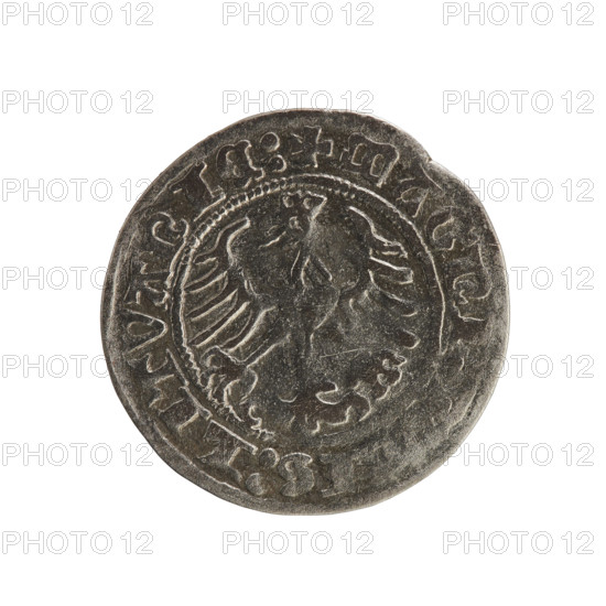 Lithuanian half-grosz, Sigismund I the Old (King of Poland; 1506–1548). Obverse: Pogon (Chaser) turned left; in the rim between pearl borders an inscription: + COIN:SIG, MVNDI:1514:. Reverse: Polish crowned eagle; in the rim between pearly borders an inscription: + MAGNI, IS:LITVANIE:. Dated 1514. Grand Duchy of Lithuania; Vilnius. Polish—Jagiellon dynasty; coats of arms. Coin.