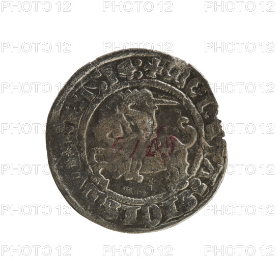 Lithuanian half-grosz, Sigismund I the Old (king of Poland; 1506–1548). Obverse: Pogon (Lithuanian coat of arms) turned left; in the rim between pearl borders an inscription: + COIN:SIGISMVNDI:1514:. Reverse: Polish crowned eagle; in the rim between pearl borders an inscription: MAGNI:DVCI, IE.:. Date: 1514. Grand Duchy of Lithuania (Vilnius), Poland. R8 (rarity). Polish coin; Jagiellonian dynasty; coats of arms: eagles, Pogon. Materials: coin.