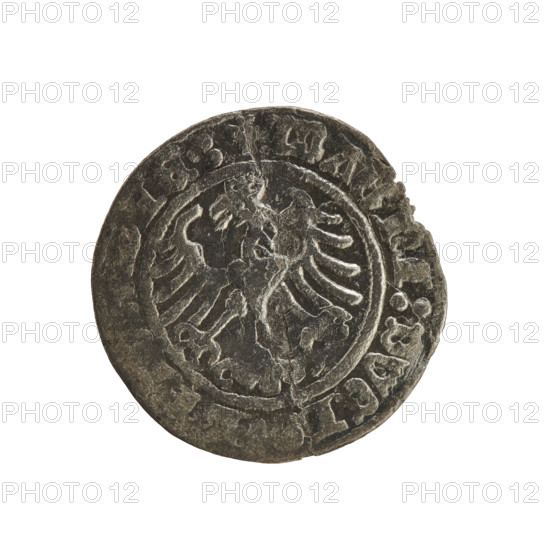 Lithuanian half-grosz, Sigismund I the Old (king of Poland; 1506–1548). Obverse: Pogon (Lithuanian coat of arms) turned left; in the rim between pearl borders an inscription: + COIN:SIGISMVNDI:1514:. Reverse: Polish crowned eagle; in the rim between pearl borders an inscription: MAGNI:DVCI, IE.:, 1514. Grand Duchy of Lithuania, Vilnius. R8 (rarity). Polish coin; Jagiellonian dynasty; coats of arms: eagles.
