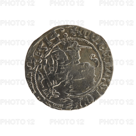Lithuanian half-grosz, Sigismund I the Old (King of Poland; 1506–1548). Silver coin (half-grosz), 1514. Obverse: Pogon (Lithuanian coat of arms) turned left; rim between pearl borders with inscription + COIN:SIG, 514:. Reverse: Polish crowned eagle; rim between pearl borders with inscription + MAGNI:DVCIS/, IE:, 1514. Associated with the Grand Duchy of Lithuania (Vilnius) and Poland; Jagiellon dynasty.