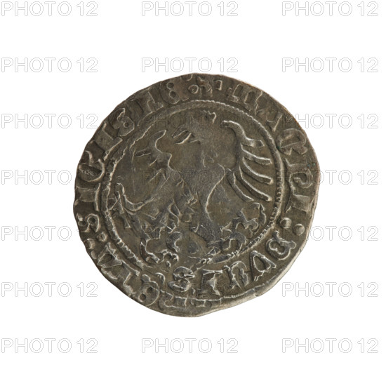 Lithuanian half-grosz, Sigismund I the Old (King of Poland; 1506–1548). Obverse: Pogon (coat of arms of Lithuania) turned left; in the rim between pearl borders an inscription: + COIN:SIG, 514:. Reverse: Polish crowned eagle; in the rim between pearl borders an inscription: + MAGNI:DVCIS/, IE:, 1514. Polish coin, Jagiellon dynasty; Grand Duchy of Lithuania, Vilnius; metal coin.