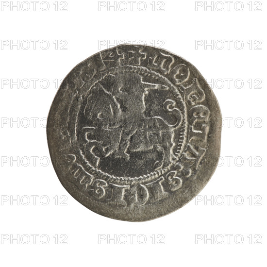 Lithuanian half-grosz, Sigismund I the Old (King of Poland; 1506–1548). Obverse: Pogon (Lithuanian coat of arms) turned left, inscription in rim between pearl borders: + COIN:SIGISMVN. Reverse: Crowned Polish eagle, inscription in rim between pearl borders: I:DVCIS:LITVAN. Dated 1514. Grand Duchy of Lithuania, Vilnius. Coin; Jagiellon dynasty; coats of arms.