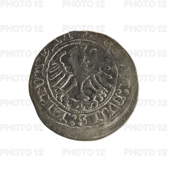 Lithuanian half-grosz, Sigismund I the Old (King of Poland; 1506–1548). Obverse: Pogon (Lithuanian coat of arms) turned left; in rim between pearl borders an inscription: + COIN:SIGISMVN. Reverse: crowned Polish eagle; in rim between pearl borders an inscription: I:DVCIS:LITVAN. Dated 1514. Grand Duchy of Lithuania (Vilnius). Polish coin, Jagiellon dynasty.