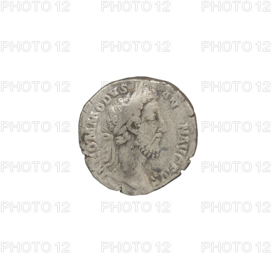 Denarius of Commodus (reigned 177–192). Obverse: Head of Commodus in laurel wreath facing right, inscribed 'M COMMMODVS - AN, N AVG PIV'. Reverse: Felicitas standing left, holding a caduceus in her right hand above a container (modius) and a cornucopia in her left, inscribed 'PM TR P VIIII IMP - VI COS IIII PP'. Date: 183–184. Roman Empire. Rome. Coin; diameter 17.5 mm; weight 2.56 g; axis 0°.