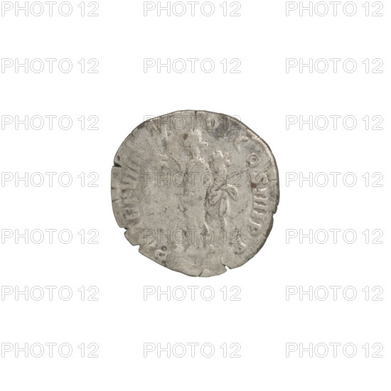 Denarius of Commodus (reigned 177–192). Obverse: Head of Commodus in laurel wreath facing right, inscription M COMMMODVS - AN, N AVG PIV. Reverse: Felicitas standing left, holding a caduceus in her right hand raised above a modius and a cornucopia in her left, inscription PM TR P VIIII IMP - VI COS IIII PP. Date: 183–184. Roman Empire. Coin; diameter 17.5 mm, weight 2.56 g, axis 0°.