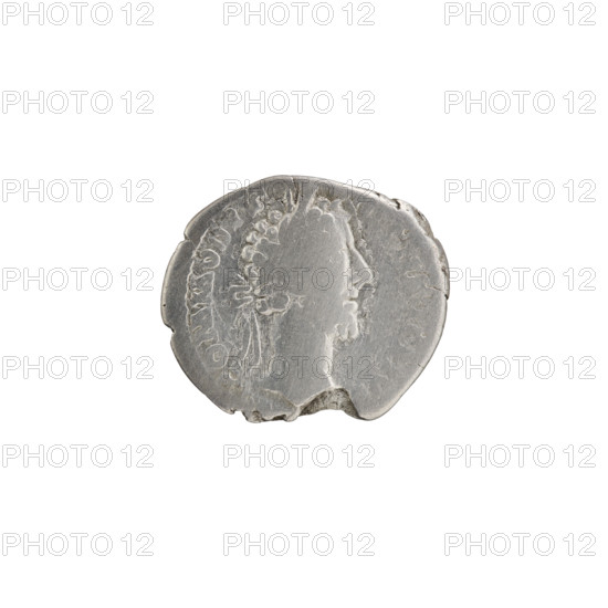 Denarius of Commodus (reign 177–192 CE). Obverse: Head of Commodus in laurel wreath facing right, inscription 'COMMODVS NTON AVG PIV'. Reverse: Felicitas standing left, holding a caduceus in her right hand above a modius and a cornucopia in her left, inscription 'RPV IMP V'. Date: 183–184 CE. Roman Empire, Rome. Coin; diameter 16.5–19.0 mm, weight 2.27 g, axis 180°.