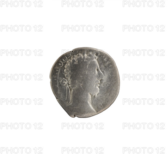 Denarius, Commodus (161–192; Roman emperor 177–192), issuer. Obverse: Head of Commodus in a laurel wreath to the right, inscription OMMODVS - ANTO, S all around. Reverse: Naked Genius standing left, holding a patera above an altar in his right hand and ears of corn in his left, inscription PM TR P VIIII, PP all around. Iconography: ears of corn; Genius; altars; personifications; paterae. Date: 183–184. Roman Empire (27 BC–476), Rome. Coin: diameter 16.5–17.0 mm, weight 2.37 g, axis 0 degrees.