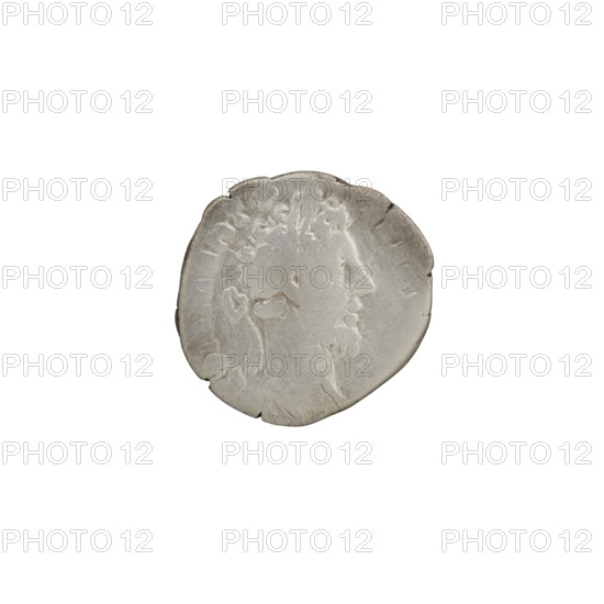 Denarius of Commodus (161–192 CE). Obverse: head of Commodus in laurel wreath facing right, inscribed 'M COMM ANT P - FEL' around. Reverse: Jupiter seated left, holding a thunderbolt in his right hand and a scepter in his left, inscribed 'PM TRP XI IMP - VII COS V PP' around. Roman Empire, ca. 186. Coin; silver; diameter 17.0 mm; weight 2.49 g; axis 180°.
