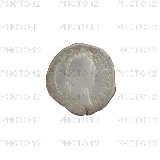 Denarius of Commodus (reigned 177–192). Obverse: Head of Commodus in laurel wreath facing right, inscription 'COMM ANT P - FEL AVG BRIT'. Reverse: Felicitas (personification) standing left, holding a long scepter in left hand and a caduceus in right hand, inscription 'PM TR P XII IMP VIII COS V P'. Date: 186–187. Place: Rome, Roman Empire. Medium: coin. Diameter: 17.5–18.5 mm. Weight: 2.57 g. Axis: 0°. Iconography: scepters, caduceus, Felicitas, personifications; portrait and inscriptions of Commodus.