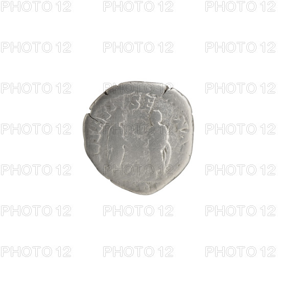 Denarius of Commodus (161–192; Roman emperor 177–192). Obverse: Head of Commodus in a laurel wreath to the right, inscription M·COMM·ANT·P·FEL. Reverse: Two standing figures — the Emperor in a toga and the Genius of the Senate shaking hands, inscription ETATI·SE·NA. Dated to the period 186–189. Roman Empire (27 BC–476), Rome. Coin; diameter 16.0–16.5 mm, weight 2.33 g, axis 15°.