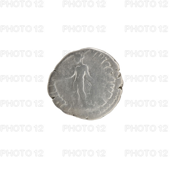 Denarius of Commodus (reigned 177–192). Obverse: Head of Commodus in a laurel wreath facing right, inscription M·COMM·ANT·. Reverse: Naked Genius standing left, holding a patera in his right hand and ears of corn in his left, inscription PM TR·…·VIII COS V PP. Date: 187–188. Place: Rome, Roman Empire. Material: coin. Diameter: 17.0–18.0 mm. Weight: 2.71 g. Axis: 0°. Iconography: Genius, ears of corn, paterae, personification.