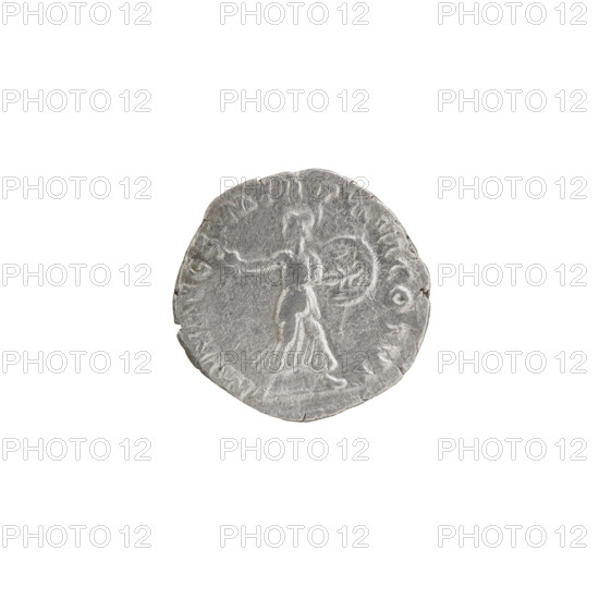 Denarius; obverse: head of Commodus in a laurel wreath facing right, legend M COMM ANT P FE L AVG BRIT PP; reverse: Minerva walks right, turns her head left, holds a branch in her right hand and a shield and spear in her left, legend MIN AVG P M TR P X VI COS VI; issuer Commodus (reigned 177–192); date 190–191; Roman Empire; Rome; coin; diameter 17.0 mm; weight 2.44 g; axis 180°.