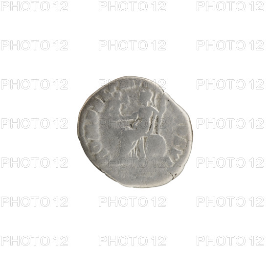 Denarius; obverse: Head of Commodus in a laurel wreath to the right, legend M - COM - EL AVG BRIT PP around. Reverse: Roma seated on a shield to the left, holding Victoria in her outstretched right hand and a spear in her left, legend ROM FEL PM, COS VI around. Issuer: Commodus (161–192; Roman emperor 177–192). Iconography: Roman deities, Roma, Victoria; shields, spears. Date: 190–191. Culture: Roman Empire. Place: Rome. Material/format: coin. Diameter: 17.0–17.5 mm. Weight: 2.69 g. Axis: 15 degrees.