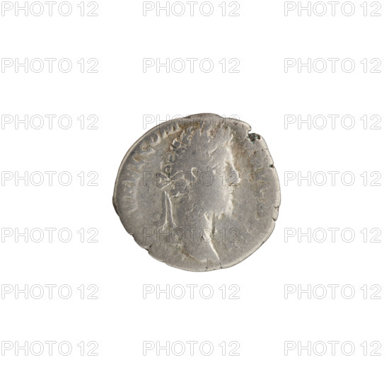 Denarius of Commodus (reign 177–192). Obverse: Bust of Commodus in laurel wreath and drapery facing right; legend AVREL COM - M AVG P FEL. Reverse: Serapis in polos, standing frontally with head turned left, holding a branch in his right hand and a scepter in his left; legend ID - IC - ONSERV. Date: 191–192. Roman Empire (27 BC–476). Mint: Rome. Coin: silver; diameter 16.5–17.5 mm; weight 2.10 g; axis 15°.