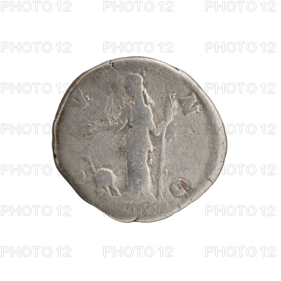Denarius; obverse: draped bust of Crispina facing right, inscription CRISPINA AVGVSTA; reverse: Juno standing left holding a long scepter in her left hand and a patera in her right, peacock below, inscription I•V•NO; issuer Commodus; Roman deities; iconography includes scepters, peacocks, patera; dates ca. 178–183; Roman Empire (27 BC–476), Rome; materials: coin; diameter 17.5–18.5 mm, weight 3.12 g, axis 180°.