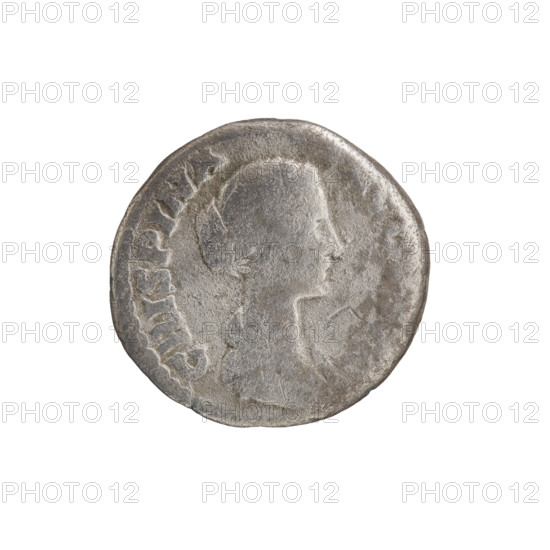 Denarius; obverse: bust of Crispina in drapery facing right, inscription 'CRISPINA - AVGVSTA'; reverse: Venus stands straight, turns her head left, holds an apple in her extended right hand, adjusts her robe on her shoulder with her left hand. Issuer: Commodus (Roman emperor 177–192). Subjects: Crispina (Roman empress, ca. 164–192), Venus. Iconography: Crispina; apples. Date: 178–183 CE. Place: Rome, Roman Empire. Medium: silver coin. Dimensions: diameter ~17.0–17.5 mm; weight 2.57 g; axis 180°.