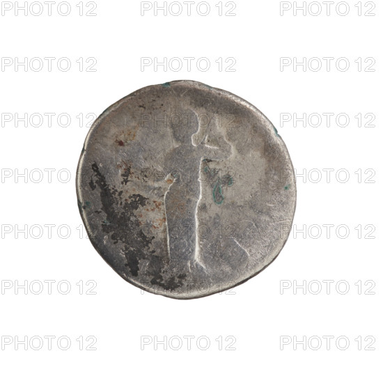 Denarius, Crispina (164–192?; Roman empress 178–192), Commodus (161–192; Roman emperor 177–192) (issuer). Obverse: Bust of Crispina in drapery facing right, legend 'CRISPINA - AVGVSTA' all around. Reverse: Venus stands straight, turns her head to the left, holds an apple in her extended right hand, adjusts her robe on her shoulder with her left hand; mintmark N, S; date 178–183. Roman Empire (27 BC–476), Rome. Coin (denarius); diameter 17.0–17.5 mm, weight 2.57 g, axis 180 degrees. Iconography: apples, Roman deities, Venus; Crispina — iconography.