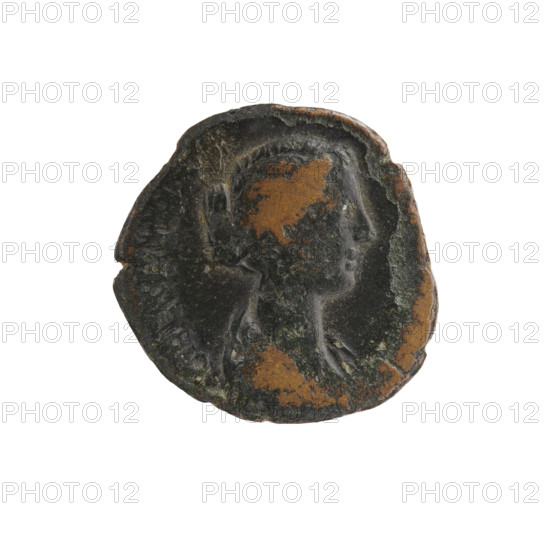 As or dupondius; Crispina (164–192?, Roman empress 178–192) and Commodus (161–192, Roman emperor 177–192) (issuer); obverse: draped bust of Crispina facing right, inscription 'CRISPINA - A' all around; reverse: Juno standing left, holding a patera in her right hand and a long scepter in her left, letters 'SC' in fields; date circa 178–183, Roman Empire (27 BC–476), Rome; coin (bronze): diameter 23.0–23.5 mm, weight 9.57 g, axis 165°.
