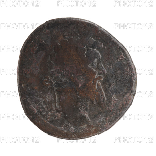 Sestertius of Didius Julianus (133–193; Roman emperor March 28–June 2, 193). Obverse: head of Didius in laurel wreath facing right, inscription 'IMP CAES M' around. Reverse: emperor in toga standing left, holding a globe in his right hand and a scroll in his left; inscriptions around. Fields: 193. Roman Empire (27 BC–476). Coin. Diameter 30.5–31.5 mm, weight 21.99 g, axis 0°.