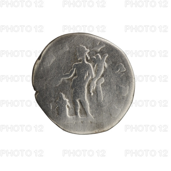 Denarius; obverse: Head of Septimius Severus with laurel wreath facing right, inscription 'T SEV PE...' all around. Reverse: Genius half-naked standing left, holding a patera in his right hand above a lit altar and a cornucopia in his left, inscription fragments '- V] - SPR' all around. Iconography: personifications, Genius, altars, paterae, cornucopias; Septimius Severus (Roman Emperor, 146–211). Roman Empire (27 BC–476), Rome. Coin: diameter 17.0–18.0 mm, weight 3.24 g, axis 180°.