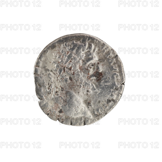 denarius (subaerate), personifications, twig (attribute), Pax (personification), Septimius Severus (Roman Emperor; 146–211) - iconography, horns of plenty; obverse: Head of Septimius Severus in laurel wreath facing right, 'RT AVG IMP IIII' surrounding; reverse: Pax seated left, holding a twig in his outstretched right hand, cornucopia in his left hand, 'PA CI A V GVSTI' surrounding; 194–195; Roman Empire (27 BC–476); Rome; coin; diameter 16.5–17.0 mm; weight 2.57 g; axis 180 degrees