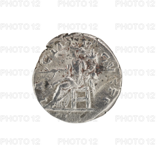 Denarius (subaerate): obverse—head of Septimius Severus in laurel wreath facing right, legend 'RT AVG IMP IIII' surrounding; reverse—Pax seated left, holding a twig in his outstretched right hand and a cornucopia in his left, legend 'PA - CI A - V - GVSTI' surrounding. Personifications, twig (attribute), horns of plenty. Maker: Septimius Severus (Roman Emperor; 146–211) — iconography. Date: 194–195. Roman Empire (27 BC–476). Coin. Diameter: 16.5–17.0 mm. Weight: 2.57 g. Axis: 180 degrees.