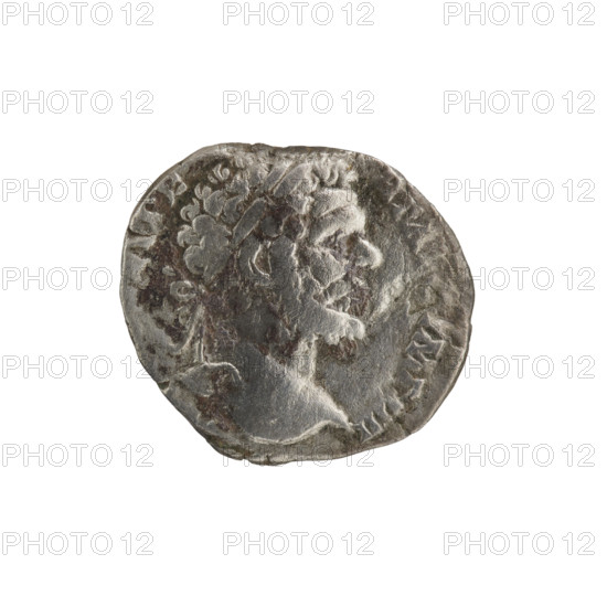 Denarius; obverse: Head of Septimius Severus with a laurel wreath facing right, legend - AVG, IIII; reverse: Apollo in a long robe with a laurel wreath, standing frontally with head turned left, holding a patera in his right hand and a lyre in his left, legend POLLINI - AVGVSTO; date: 194–195; culture: Roman Empire (27 BC–476); place: Rome; material: coin; diameter: 16.5–17.5 mm; weight: 3.16 g; axis: 0°.