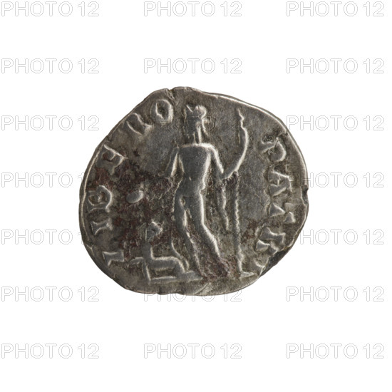 Denarius depicting Apollo and Septimius Severus; obverse: Head of Septimius Severus with a laurel wreath facing right, inscription - AVG, IIII; reverse: Apollo in a long robe with a laurel wreath stands frontally, head turned left, holding a patera in his right hand and a lyre in his left, inscription POLLINI - AVGVSTO; dated 194–195 CE; Roman Empire (27 BC–476); Rome; coin, diameter 16.5–17.5 mm, weight 3.16 g, axis 0°.