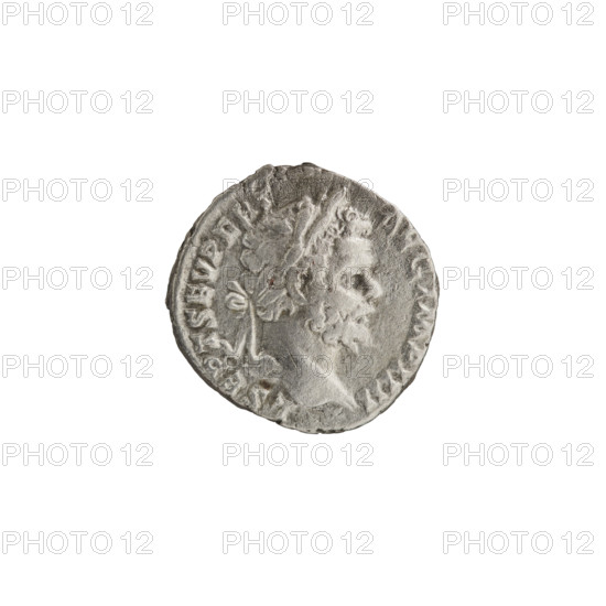 Denarius; obverse: head of Septimius Severus in a laurel wreath facing right, inscription 'L SEPT SEV PERT - AVG IMP IIII' around; reverse: Mars in a cloak and helmet walking right, holding a spear in his right hand and a trophy on his left shoulder, inscription 'P M TR P III - COS II PP' around. Date: 194–195. Roman Empire (27 BC–476). Coin; diameter 18.0 mm; weight 3.34 g; axis 180°.