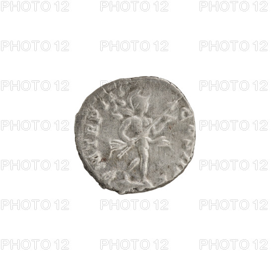 Denarius; obverse: Head of Septimius Severus in a laurel wreath facing right, inscription 'L SEPT SEV PERT - AVG IMP IIII'; reverse: Mars in a cloak and helmet walking right, holding a spear in his right hand and a trophy on his left shoulder, inscription 'P M TR P III - COS II PP'; iconography: Mars, trophies, spears; maker/date: Septimius Severus (Roman Emperor, 146–211), 194–195 CE; material: coin; culture/place: Roman Empire, Rome; dimensions: diameter 18.0 mm, weight 3.34 g, axis 180°.