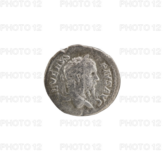 Denarius, silver coin (210 CE). Obverse: Head of Septimius Severus (Roman emperor, 146–211) in a laurel wreath facing right; legend SEVERVS PIVS AUG; pearl rim. Reverse: Naked Jupiter in a cloak stands frontally with head turned left, holding a thunderbolt in his right hand and a long scepter in his left; a small figure with outstretched arms stands on either side of him; legend PM TR P X VIII COS II I P P; pearl rim. Iconography: Jupiter, scepter, thunderbolt. Roman Empire (27 BCE–476 CE), Rome. Diameter about 17.5–18.5 mm; weight 2.54 g.